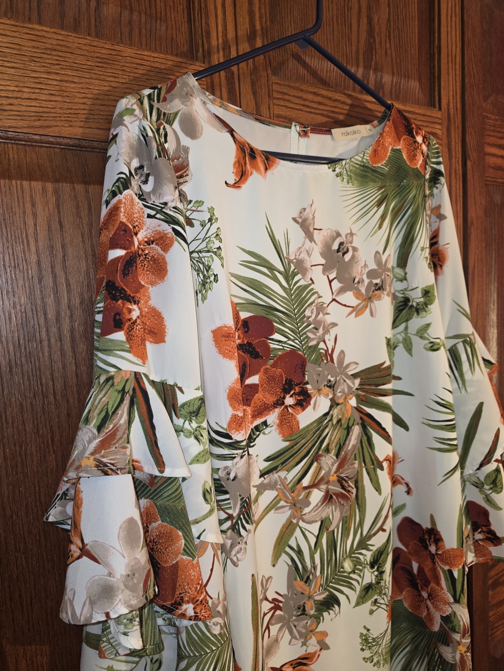 Rokoko Tropical Floral Bell-Sleeve Dress - White with Orange & Green M